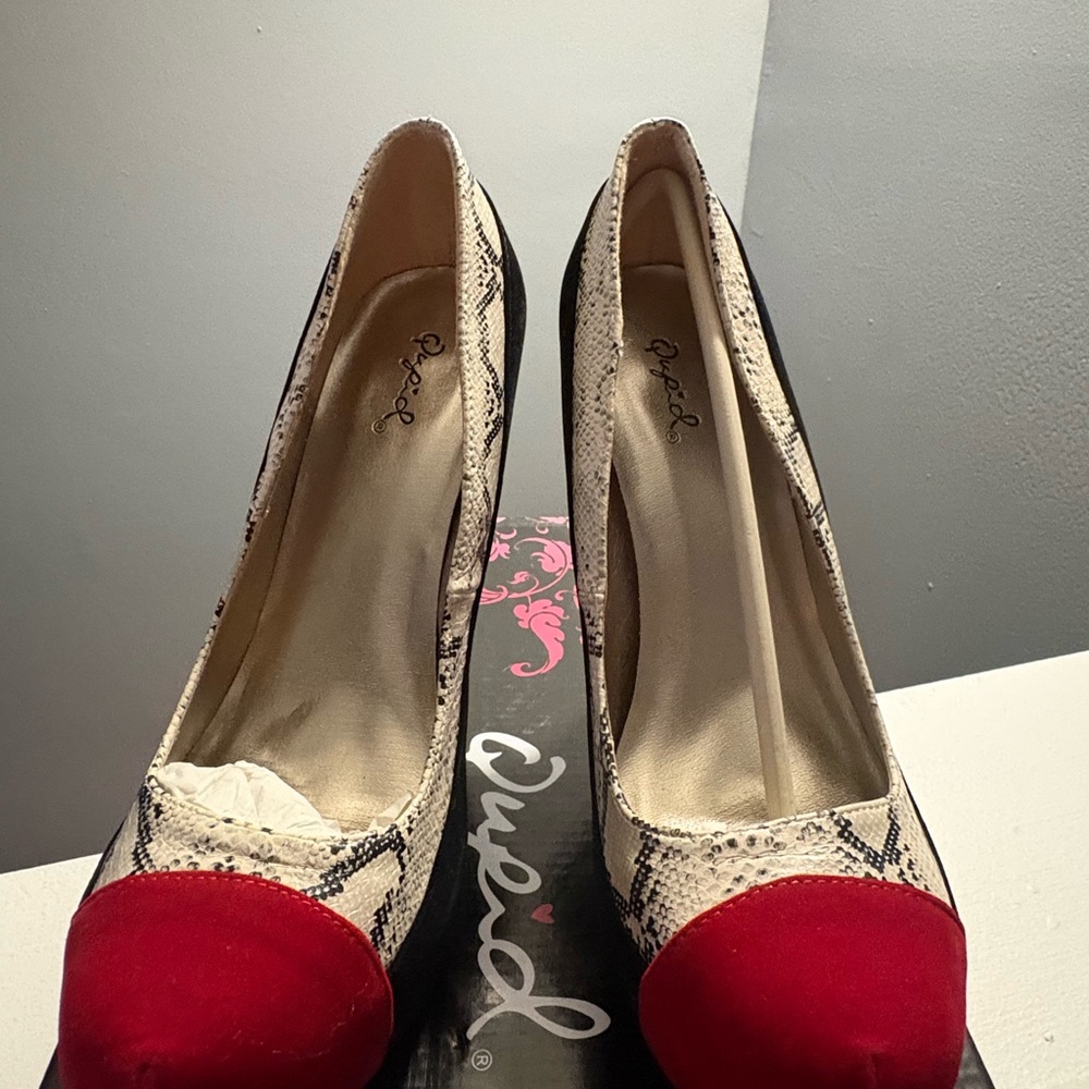 Qupid Red and Black Snakeskin Heels